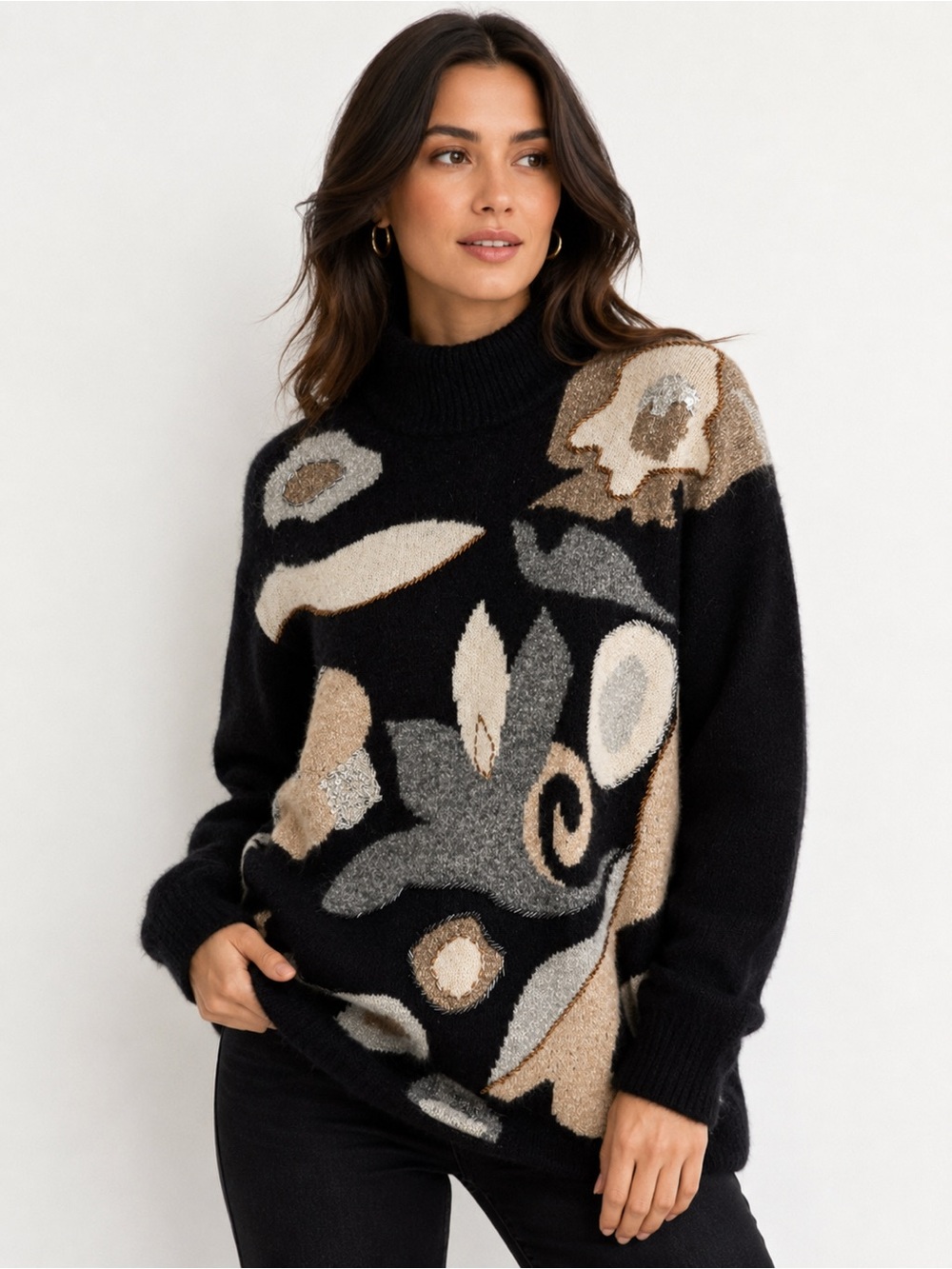 Vintage SEGUE Abstract Art Silk Angora Beaded Sweater Black M 10 12